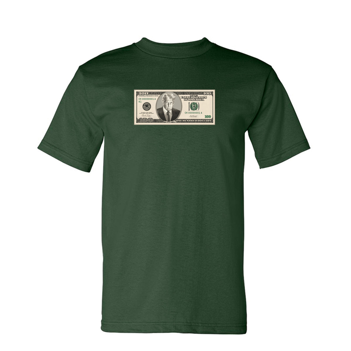 Trump $100 Bill Tee in Forest Green – front