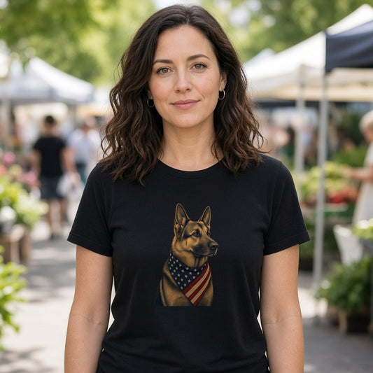 Model wearing patriotic german shepherd american flag bandana lightweight tee