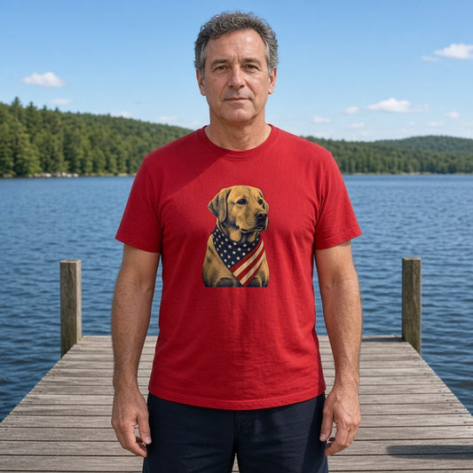 Model wearing patriotic lab american flag bandana lightweight tee