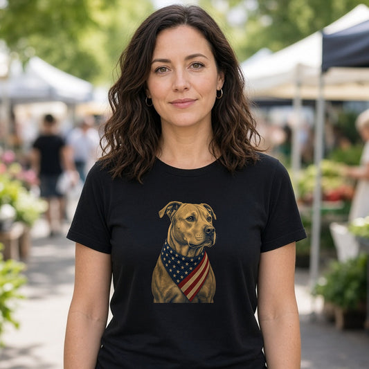 Model wearing patriotic pit bull american flag bandana lightweight tee