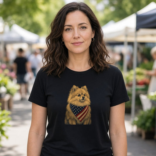 Model wearing patriotic pomeranian american flag bandana lightweight tee