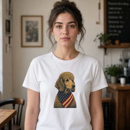 Model wearing patriotic poodle american flag bandana lightweight tee