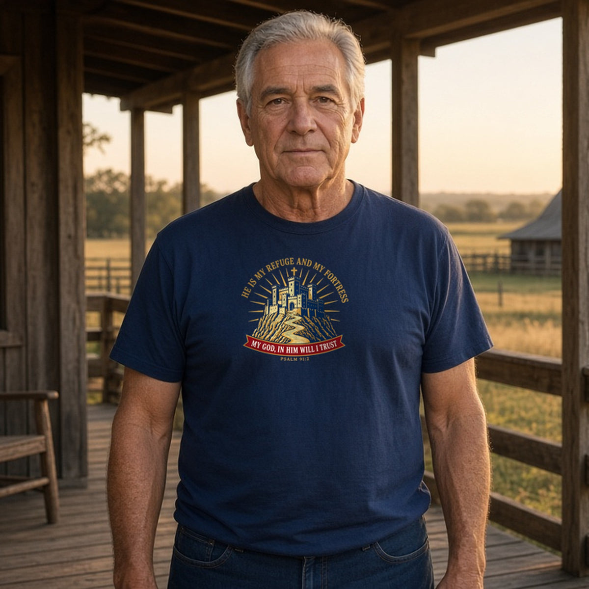 Model wearing refuge fortress psalm 91 2 lightweight tee