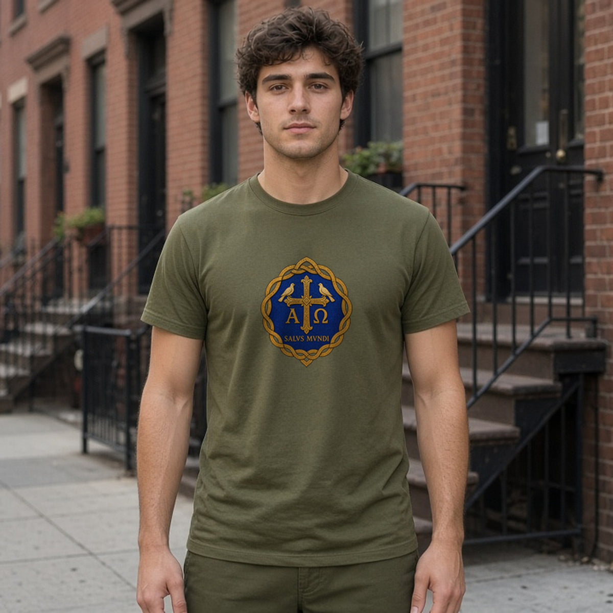 Model wearing salus mundi mosaic cross lightweight tee