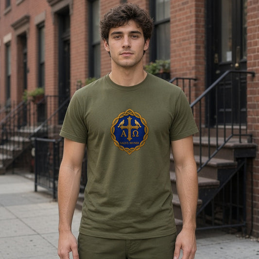 Model wearing salus mundi mosaic cross lightweight tee