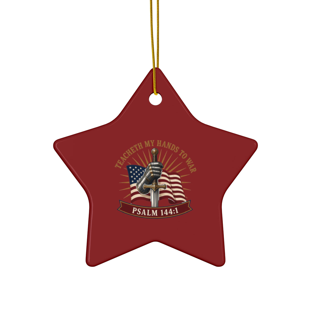 Gauntlet & Flag Psalm 144:1 Ceramic Christmas Ornament