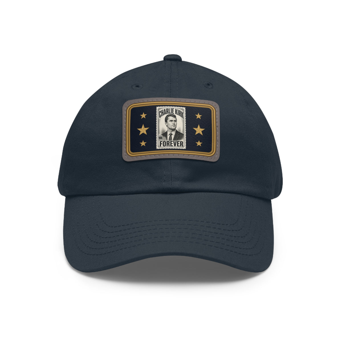 Charlie Kirk Forever Stamp Leather Patch Dad Hat in Navy – front