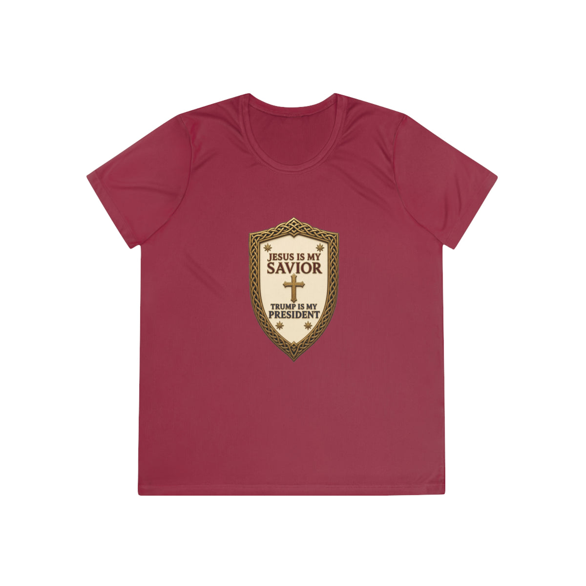 Jesus Is My Savior, Trump Is My President Shield Women's Dry-Fit Performance Tee