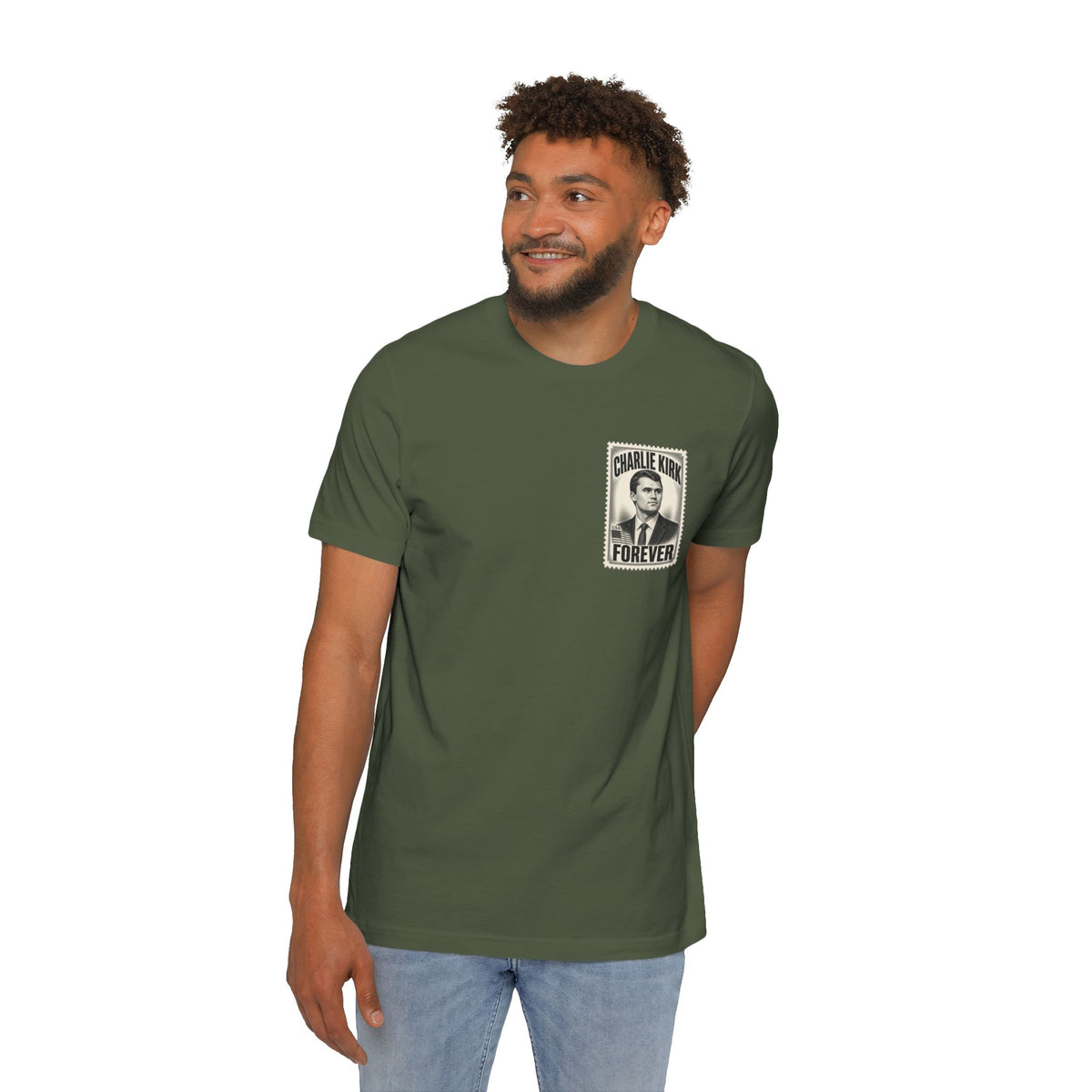 Charlie Kirk Prove Me Wrong Lightweight Tee in Military Green – on model, front