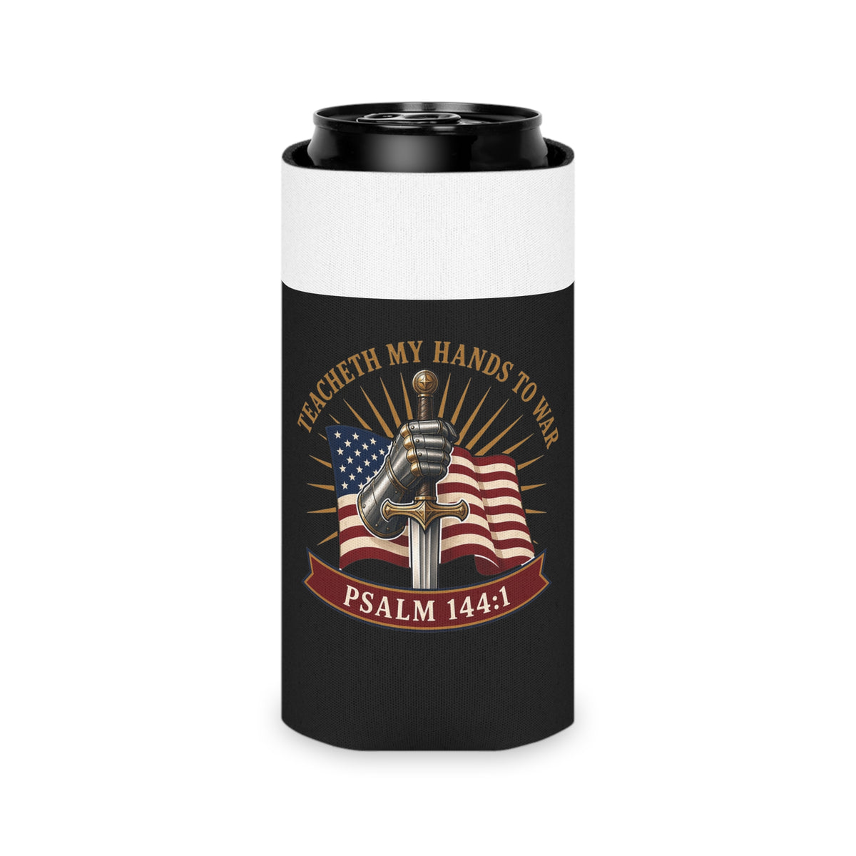 Gauntlet & Flag Psalm 144:1 Can Cooler
