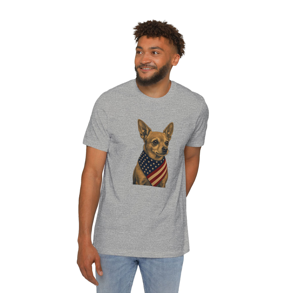 Patriotic Chihuahua American Flag Bandana Lightweight Tee in Athletic Heather – on model