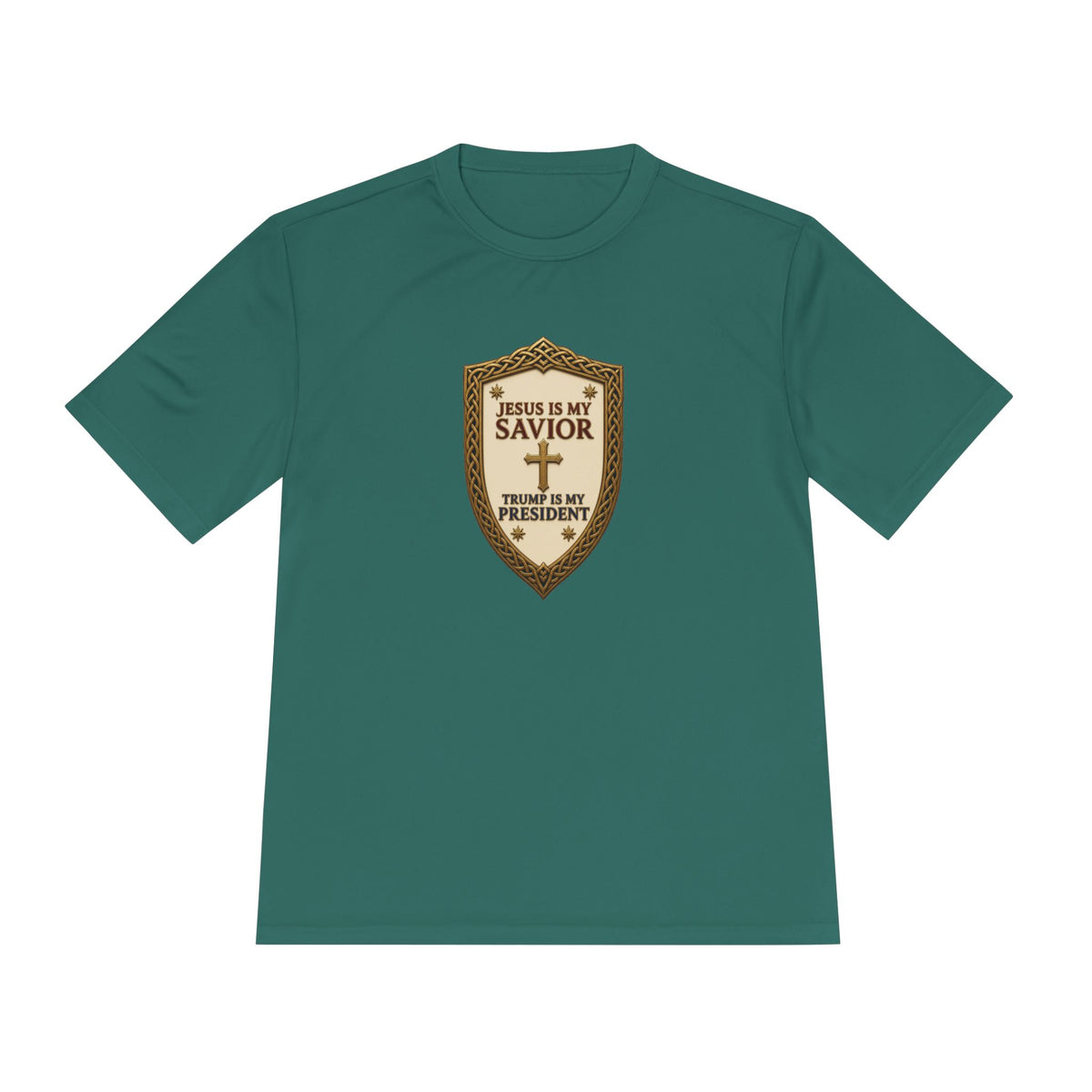Jesus Is My Savior, Trump Is My President Shield Men's Dry-Fit Performance Tee