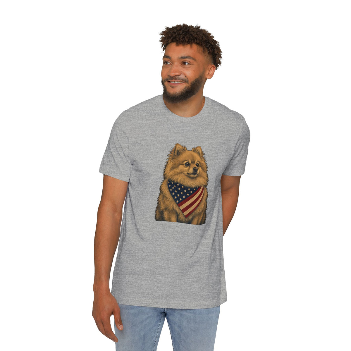 Patriotic Pomeranian American Flag Bandana Lightweight Tee in Athletic Heather – on model