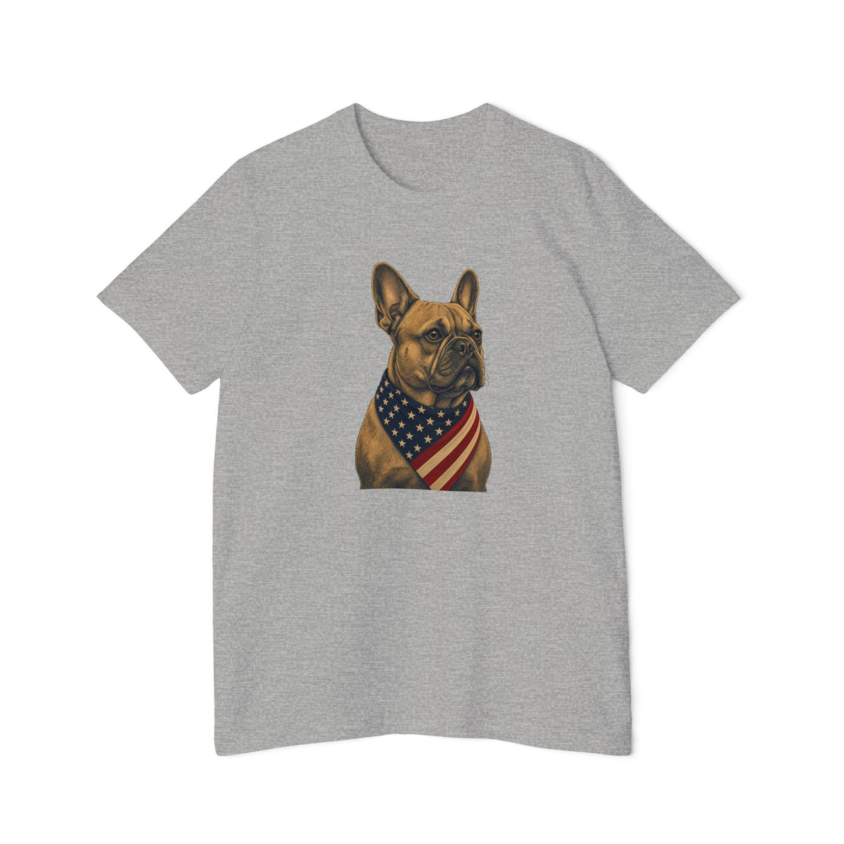 Patriotic French Bulldog American Flag Bandana Lightweight Tee in Athletic Heather – flat front