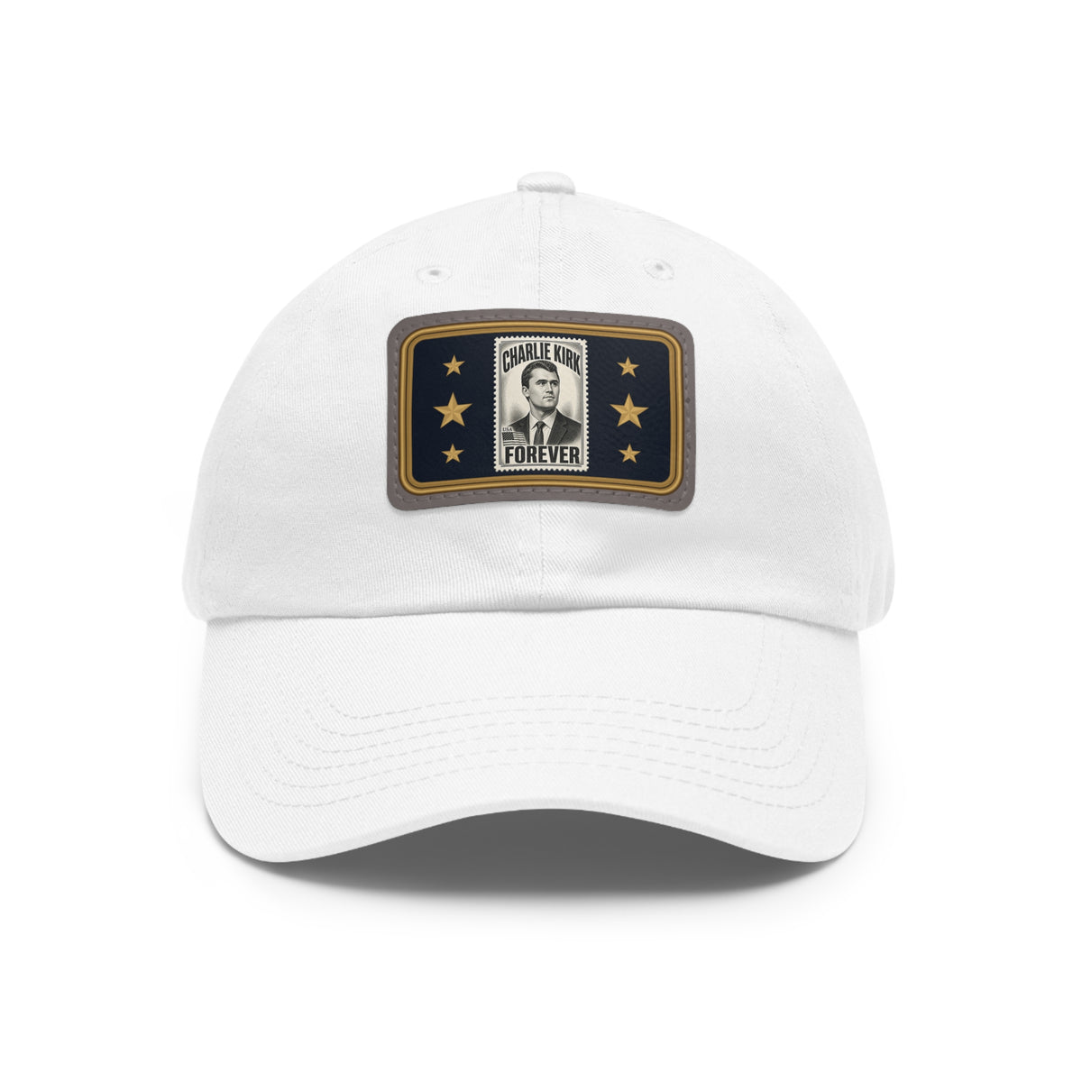 Charlie Kirk Forever Stamp Leather Patch Dad Hat in White – front