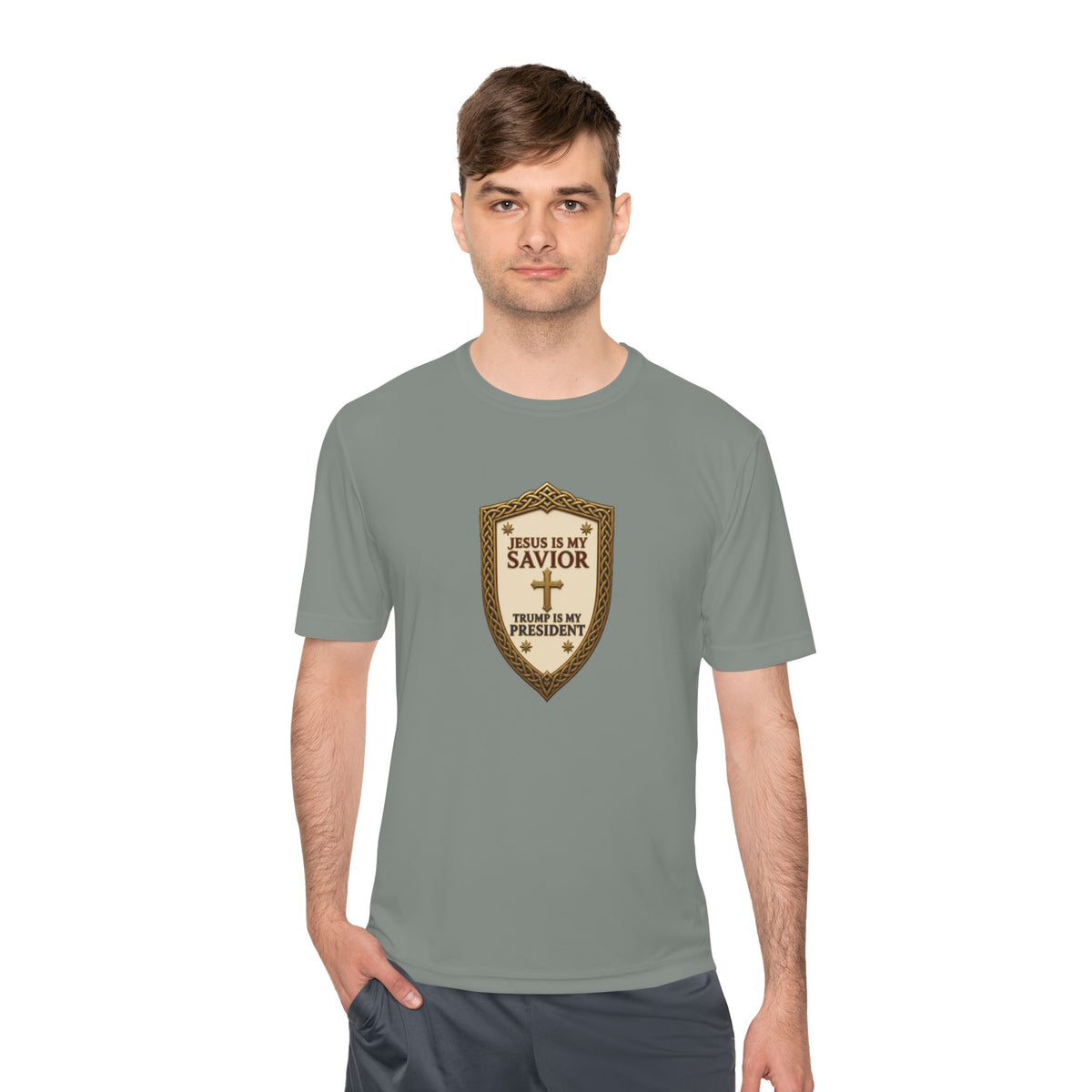 Jesus Is My Savior, Trump Is My President Shield Men's Dry-Fit Performance Tee