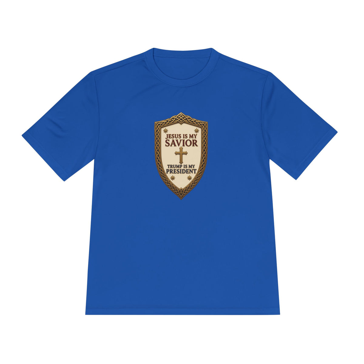 Jesus Is My Savior, Trump Is My President Shield Men's Dry-Fit Performance Tee