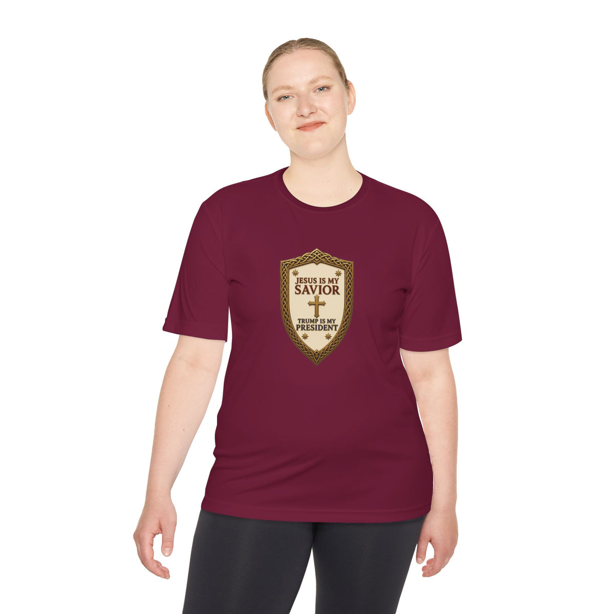 Jesus Is My Savior, Trump Is My President Shield Men's Dry-Fit Performance Tee