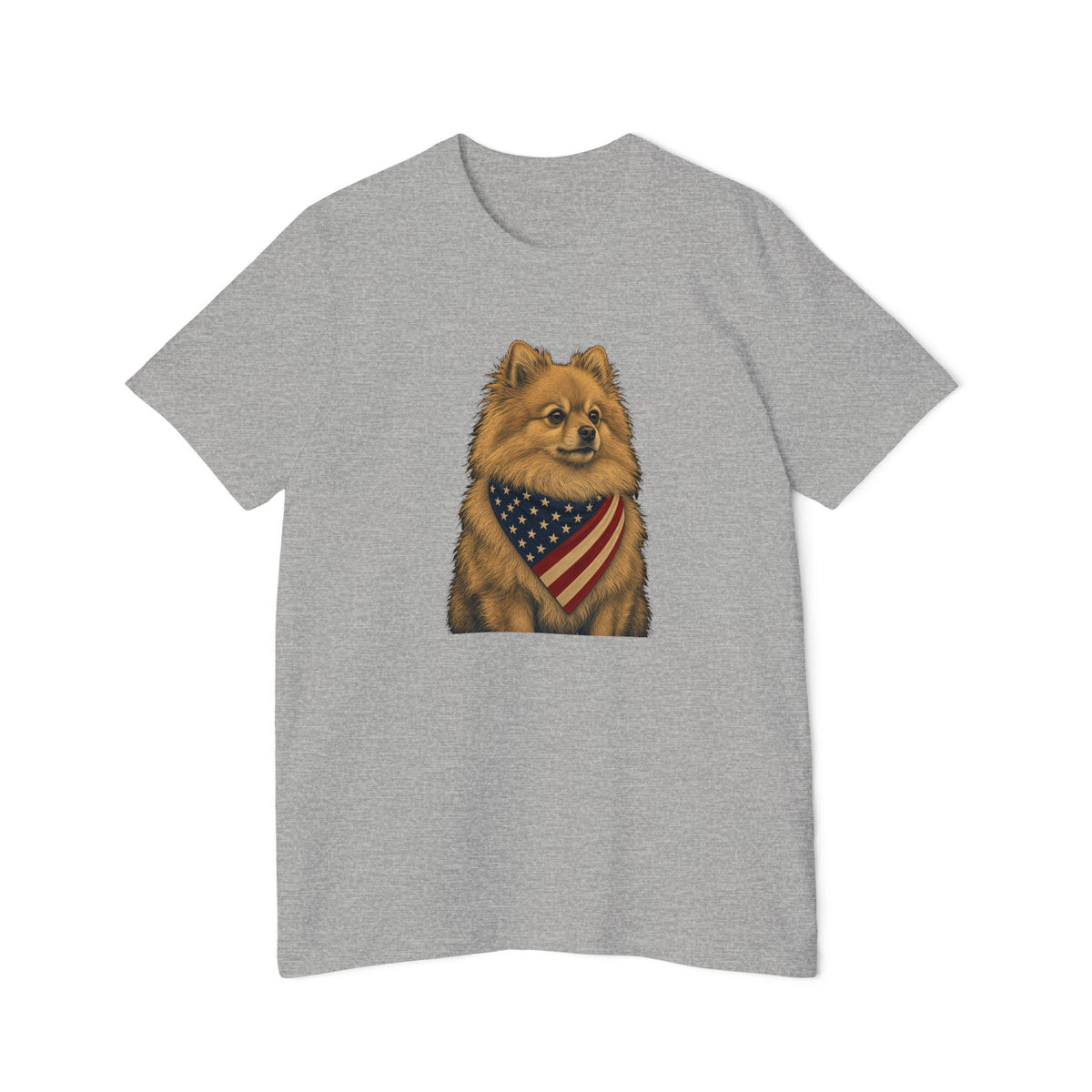 Patriotic Pomeranian American Flag Bandana Lightweight Tee in Athletic Heather – flat front