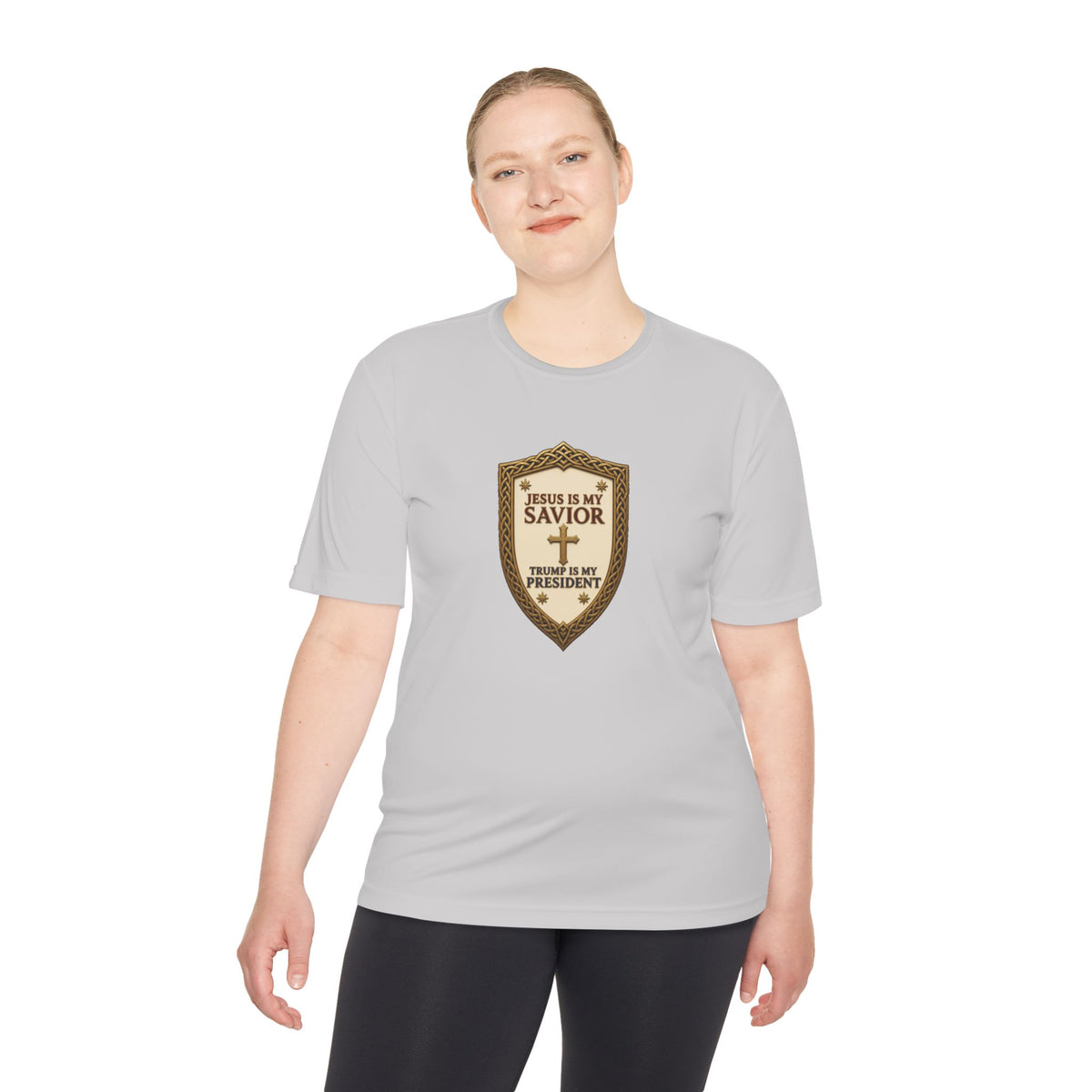 Jesus Is My Savior, Trump Is My President Shield Men's Dry-Fit Performance Tee