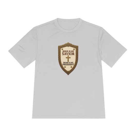 Jesus Is My Savior, Trump Is My President Shield Men's Dry-Fit Performance Tee