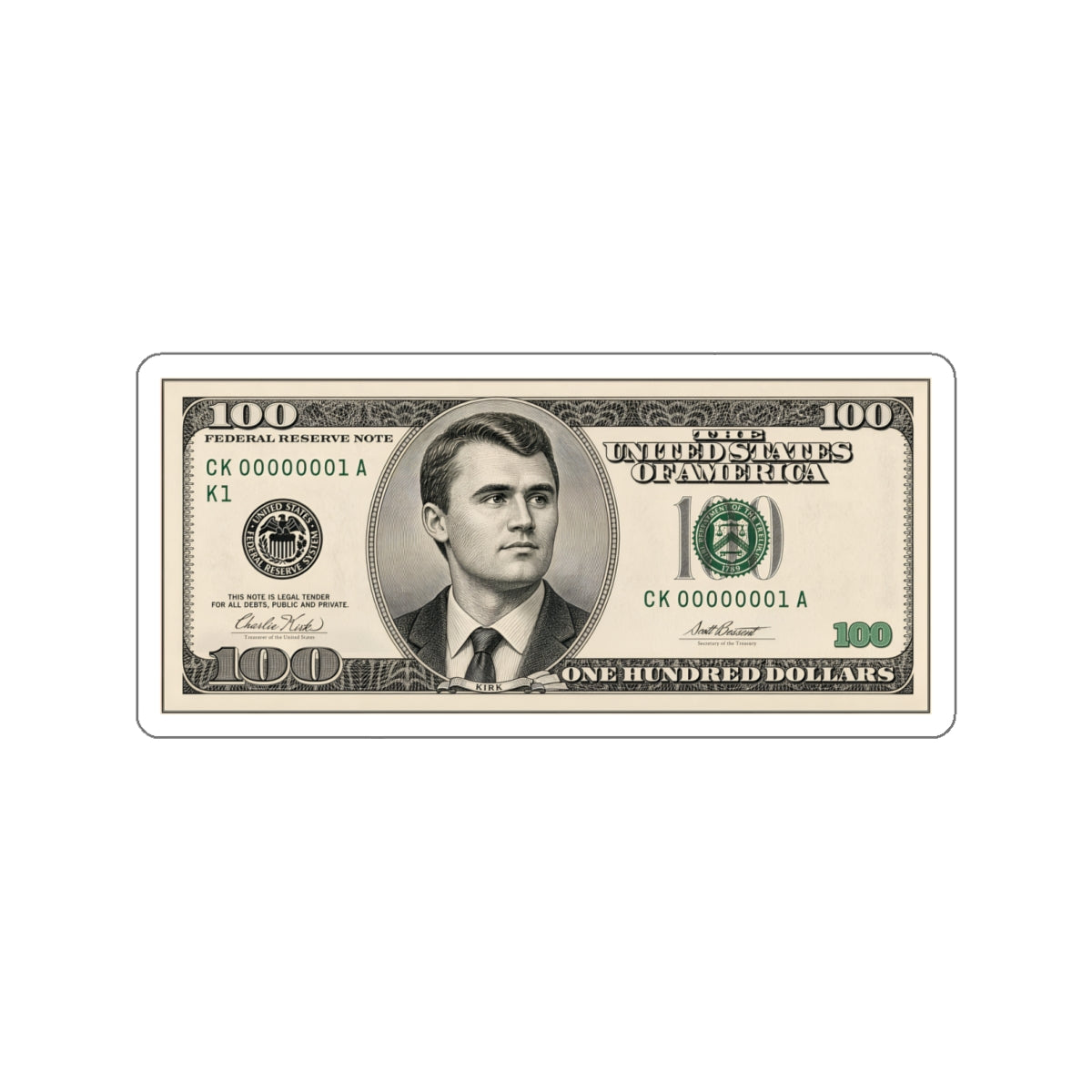 Charlie Kirk $100 Bill Die-Cut Sticker