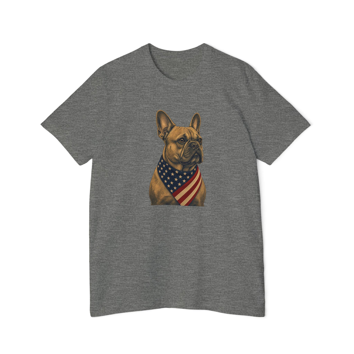 Patriotic French Bulldog American Flag Bandana Lightweight Tee in Deep Heather – flat front