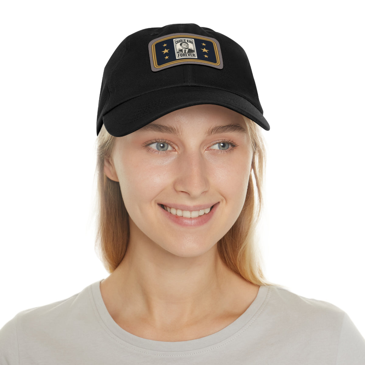 Charlie Kirk Forever Stamp Leather Patch Dad Hat in Black – on model