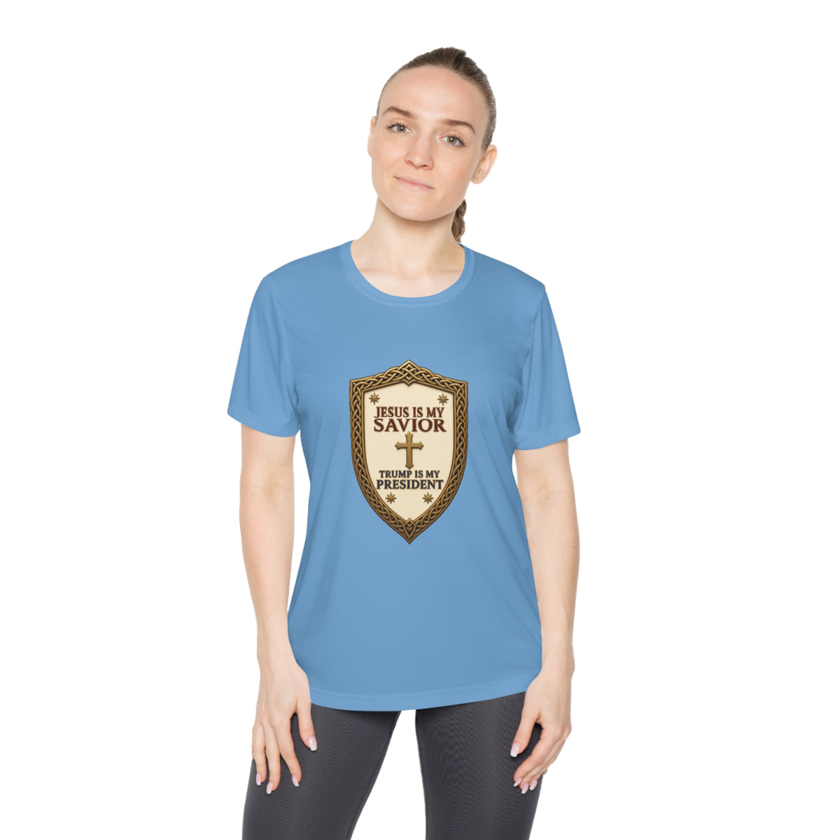 Jesus Is My Savior, Trump Is My President Shield Women's Dry-Fit Performance Tee