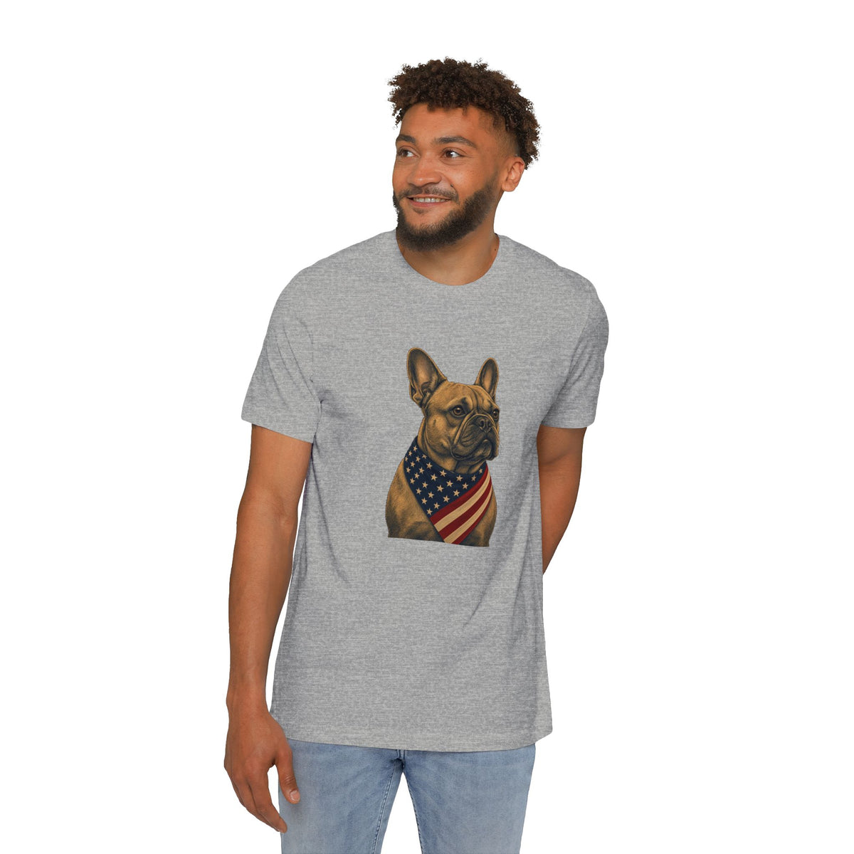 Patriotic French Bulldog American Flag Bandana Lightweight Tee in Athletic Heather – on model