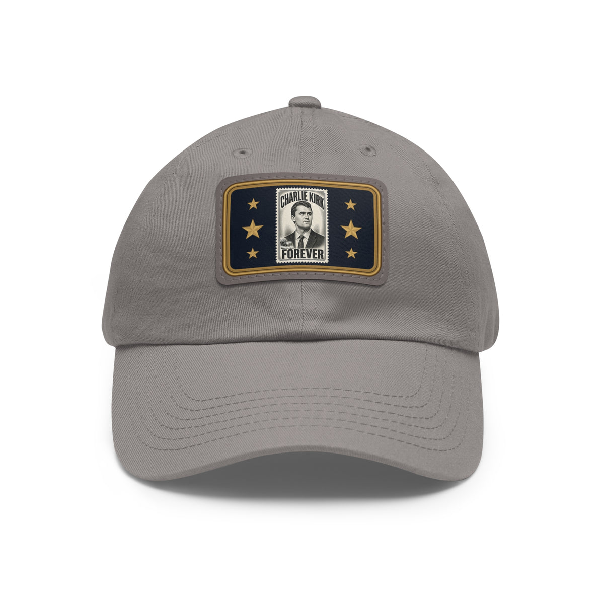 Charlie Kirk Forever Stamp Leather Patch Dad Hat in Grey – front