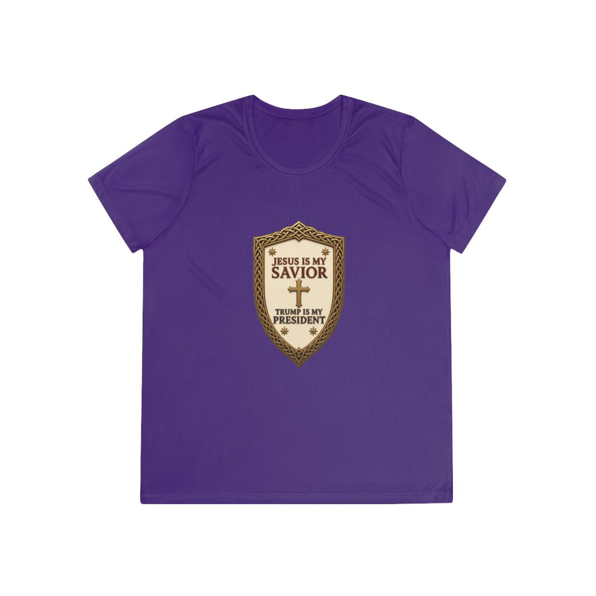 Jesus Is My Savior, Trump Is My President Shield Women's Dry-Fit Performance Tee