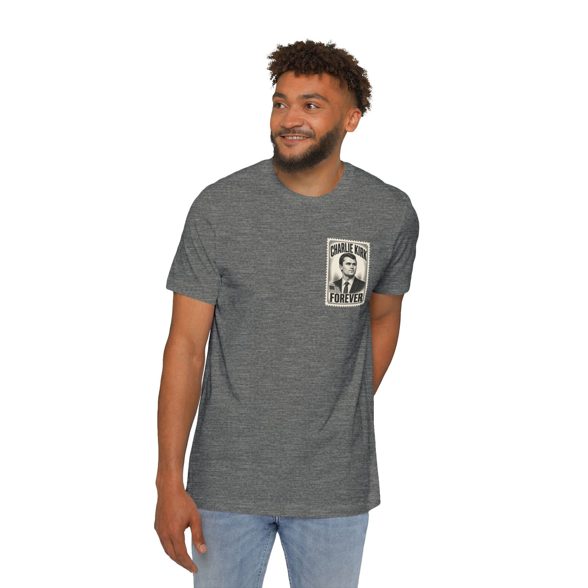 Charlie Kirk Prove Me Wrong Lightweight Tee in Deep Heather – on model, front