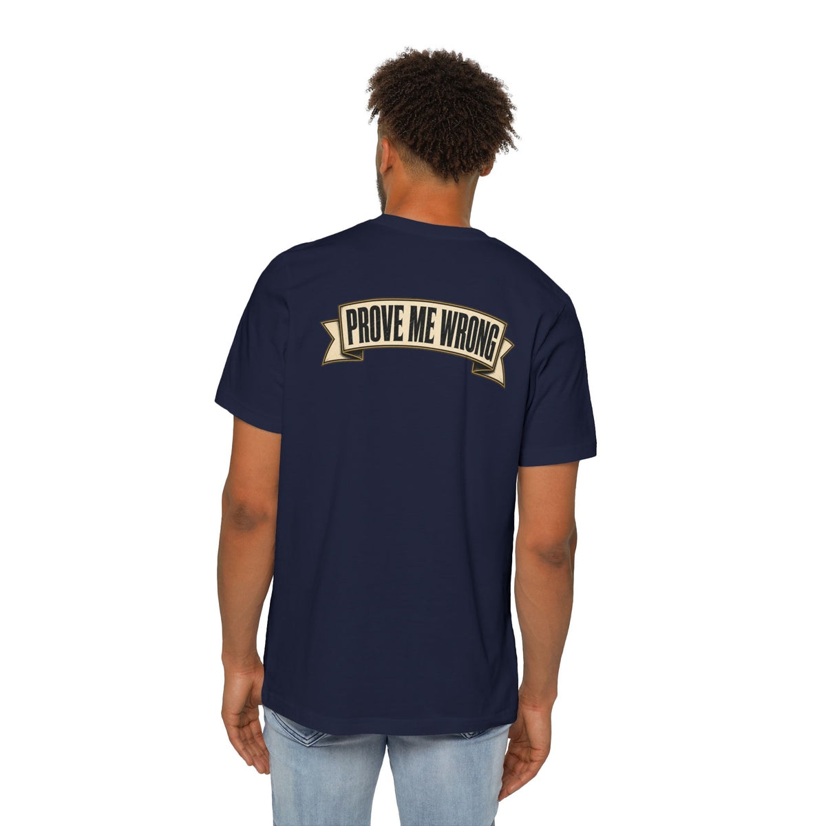 Charlie Kirk Prove Me Wrong Lightweight Tee in Navy – on model, back