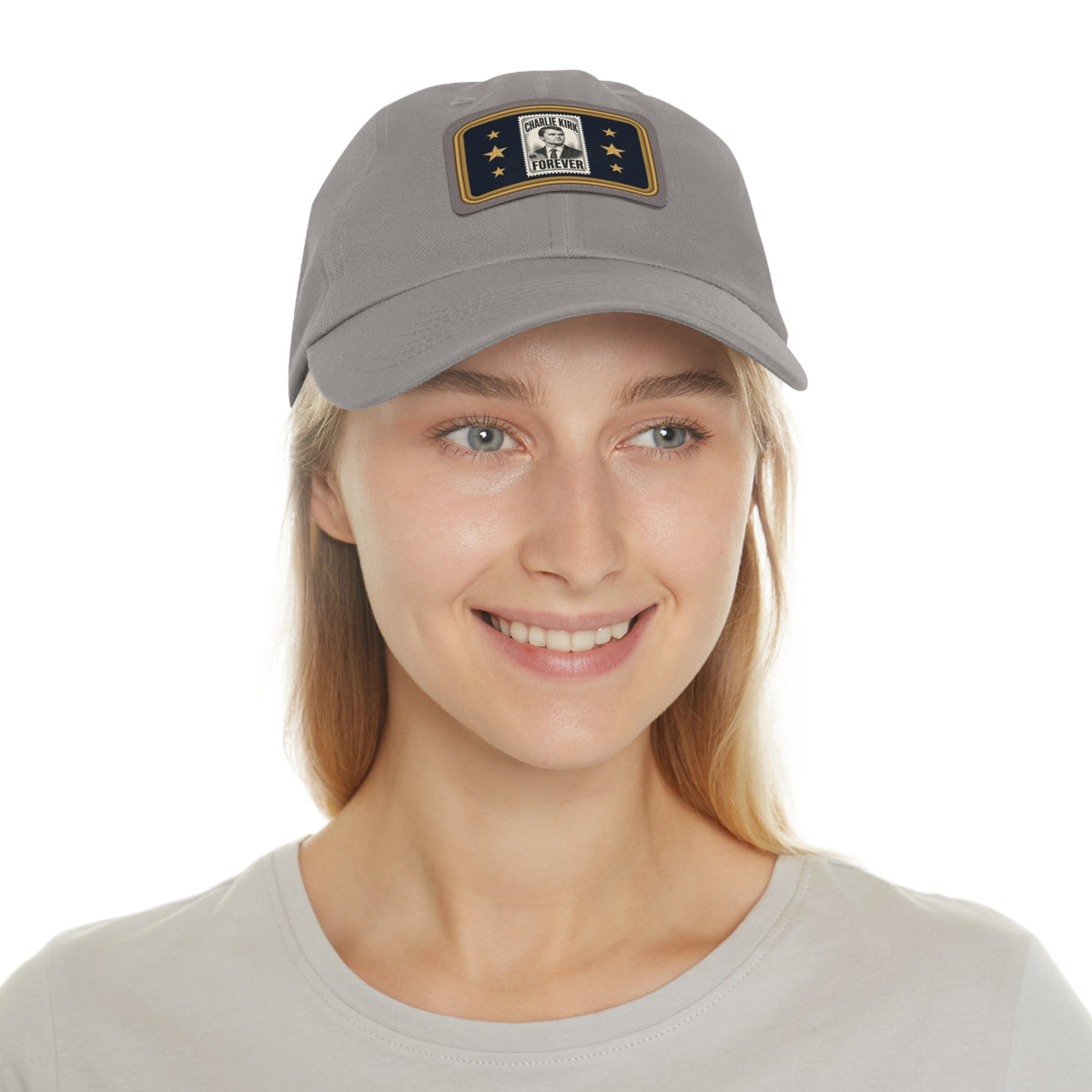 Charlie Kirk Forever Stamp Leather Patch Dad Hat in Grey – on model