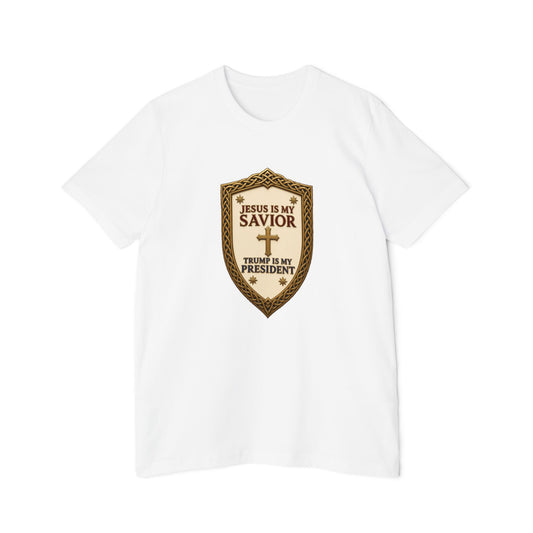 Jesus Is My Savior, Trump Is My President Shield Lightweight Tee