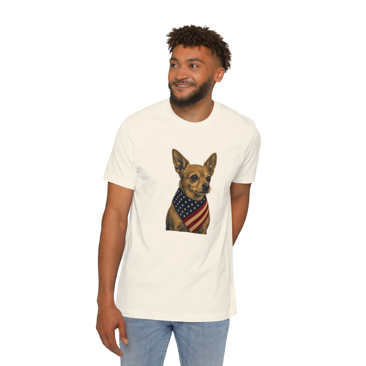 Patriotic Chihuahua American Flag Bandana Lightweight Tee in Natural – on model