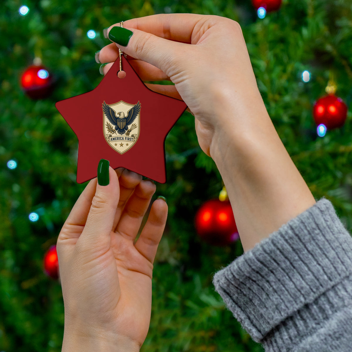 America First Badge Ceramic Christmas Ornament