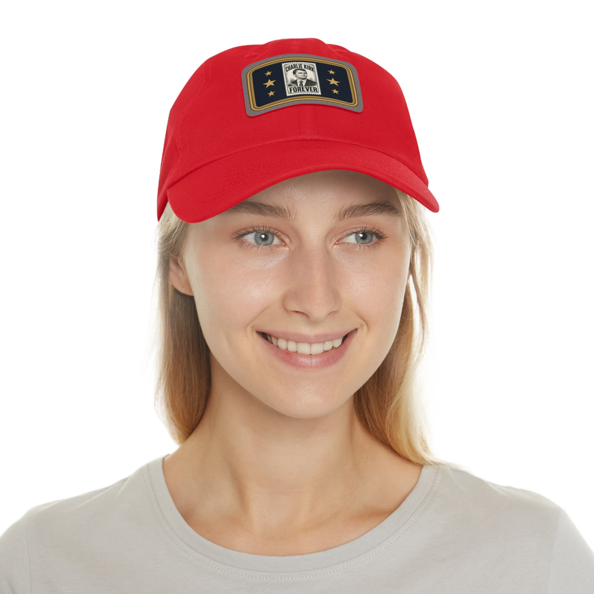 Charlie Kirk Forever Stamp Leather Patch Dad Hat in Red – on model