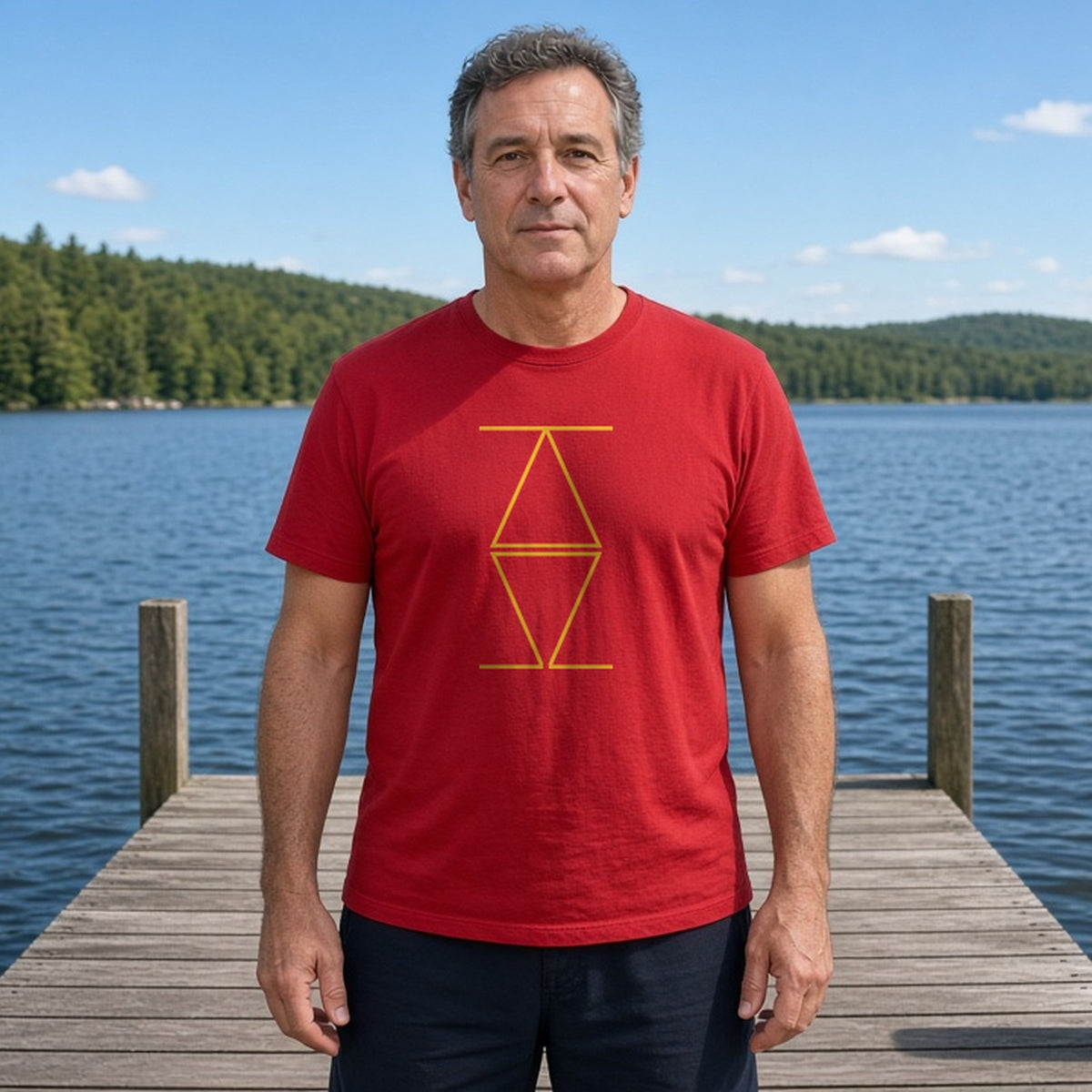 Model wearing alpha omega holy family cross lightweight tee