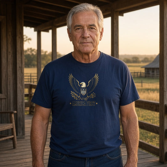 Model wearing america first eagle lightweight tee