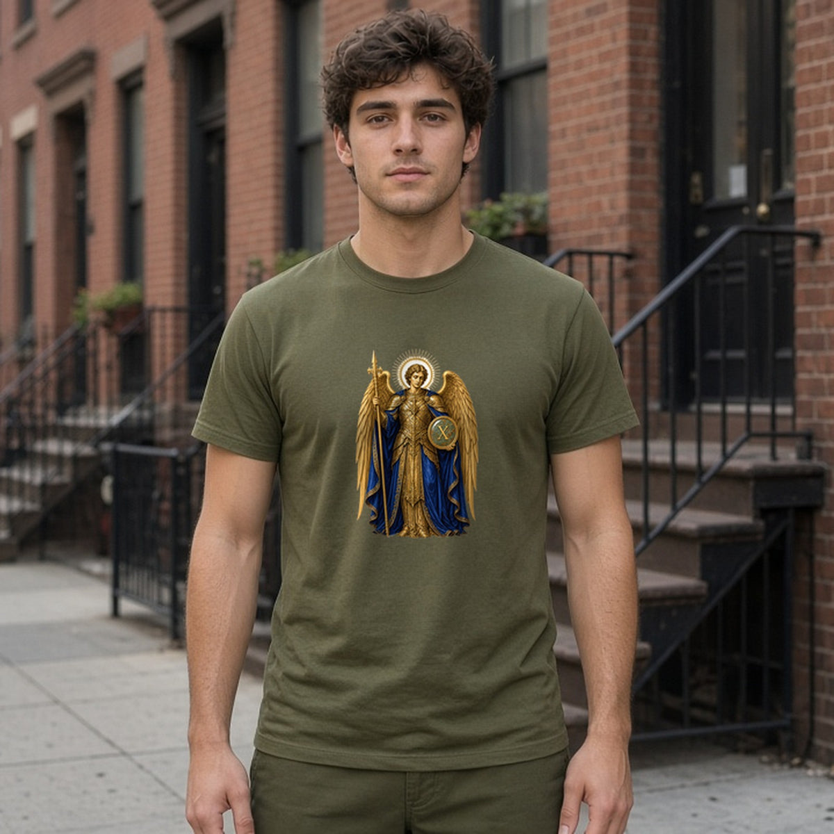 Model wearing archangel gabriel lightweight tee