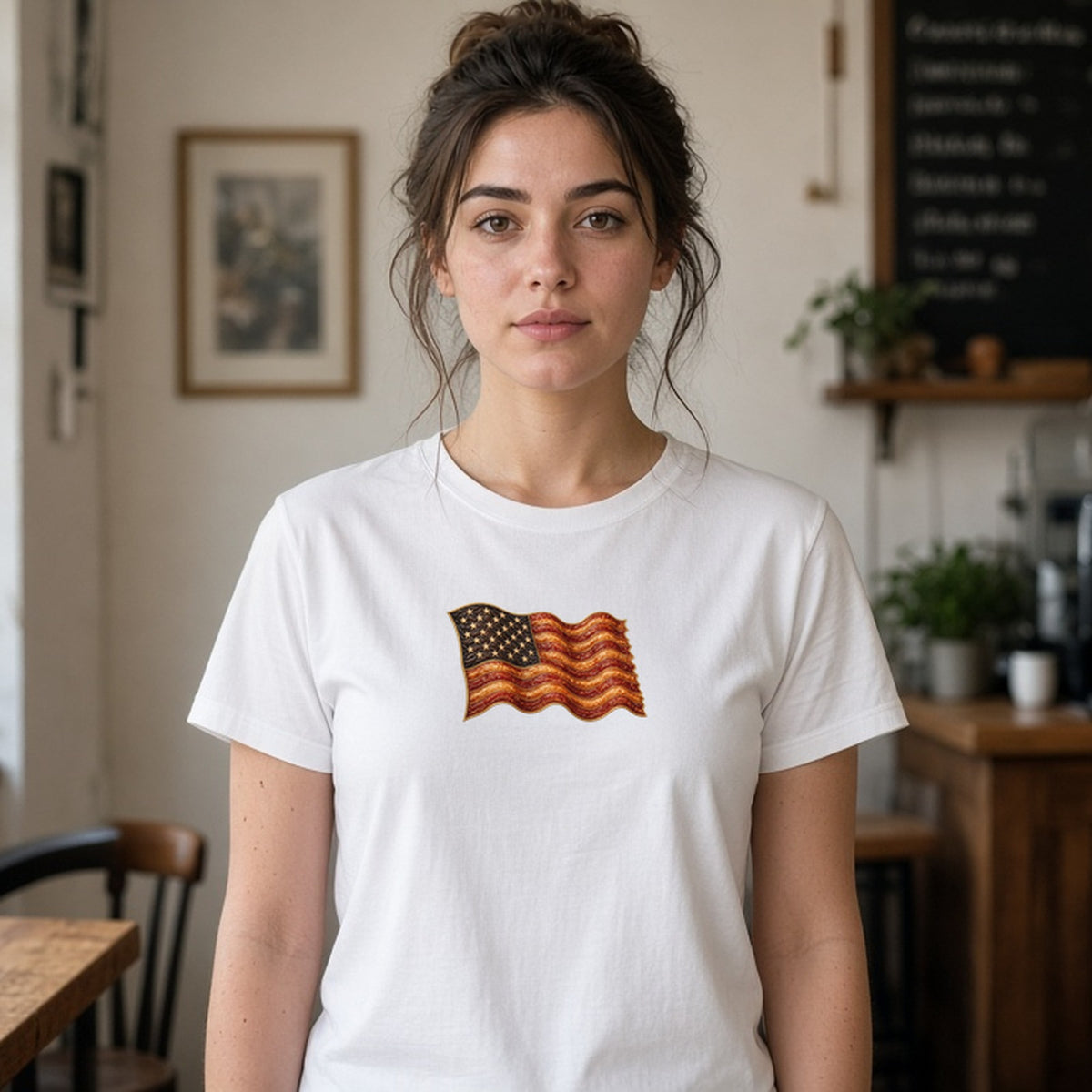 Model wearing bacon flag lightweight tee