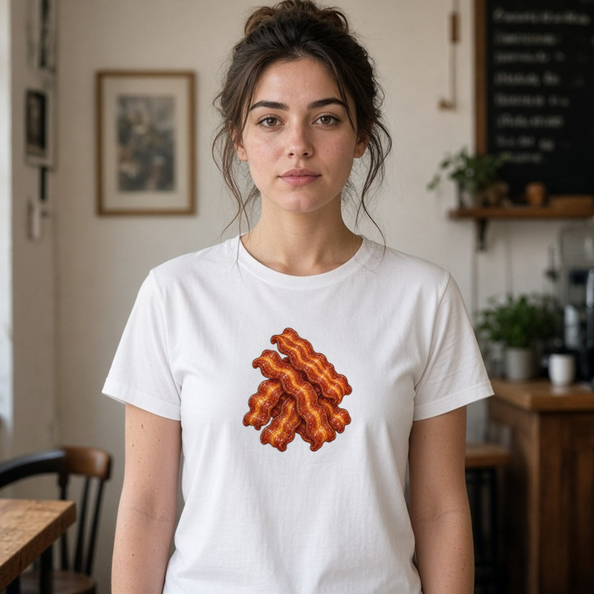 Model wearing bacon pile lightweight tee