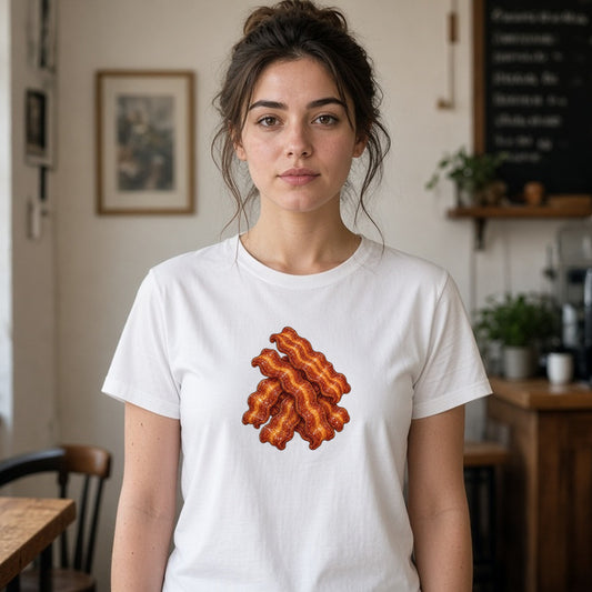Model wearing bacon pile lightweight tee