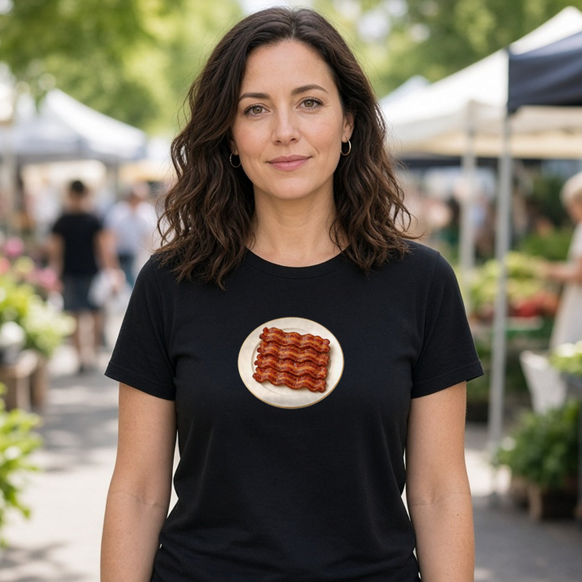 Model wearing bacon stack plate lightweight tee