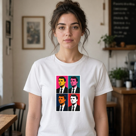 Model wearing charlie pop art lightweight tee