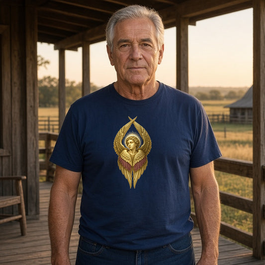 Model wearing cherubim guardian lightweight tee