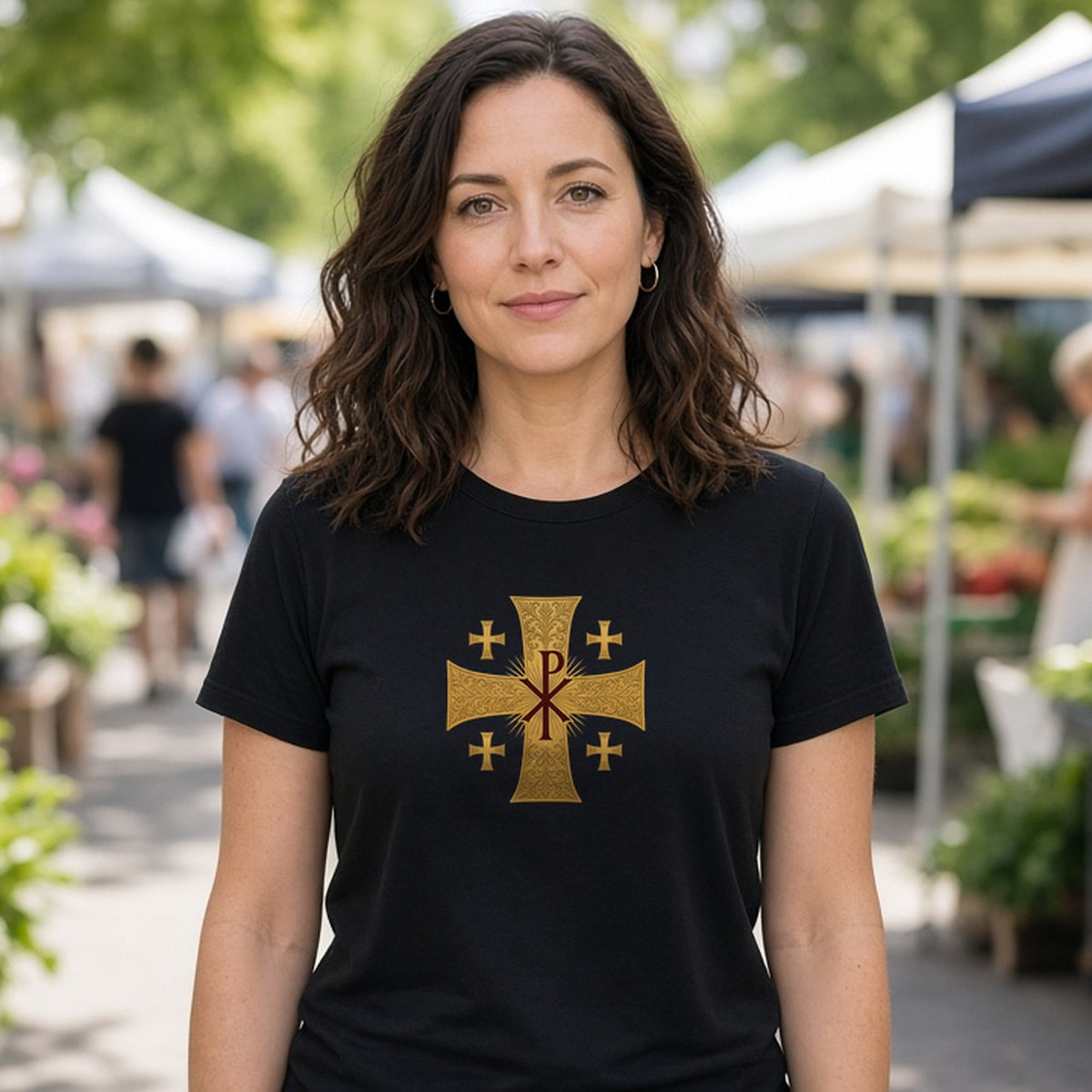 Model wearing chi rho jerusalem cross lightweight tee