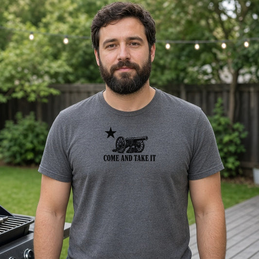 Model wearing come and take it cannon lightweight tee